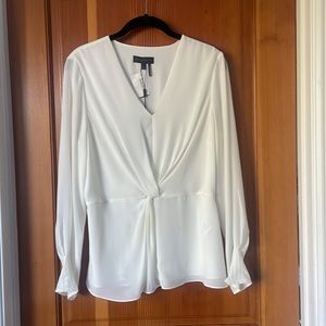 DONNA KARAN V Neck Twist Front Top (linen white color)